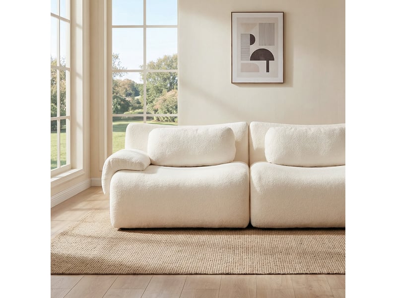 Canapé droit 3 places compressé à design ondulé, assise en mousse et larges accoudoirs en chenille blanc - Conforama C