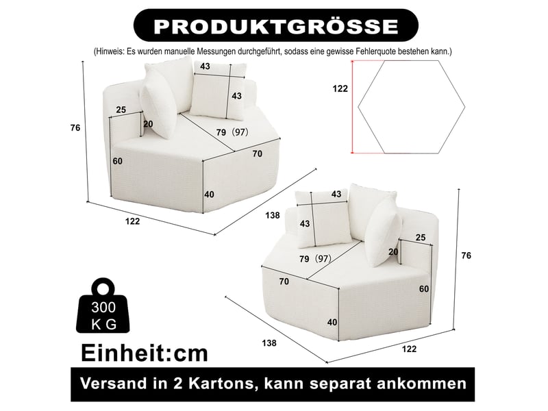 Fauteuil modulaire hexagonal avec 3 coussins et assise moelleuse, style moderne en chenille beige 122 × 138 × 76 cm - Conforama E