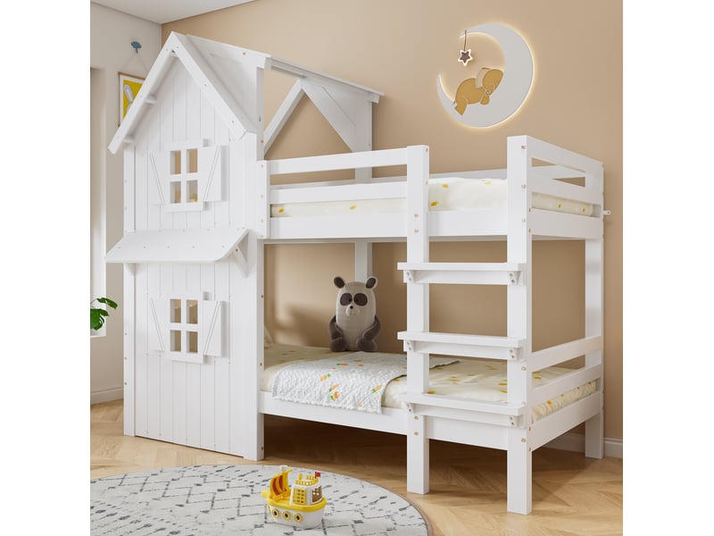  Lit superposé enfant 90x200 cm – blanc – toit à fenêtres, échelle 3 marches, barrières latérales, sans matelas  - Conforama B