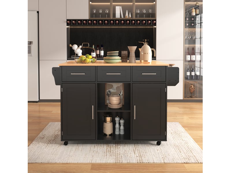  Desserte de cuisine 139 x 46(71) cm avec plateau rabattable, noire et décor bois  - Conforama B