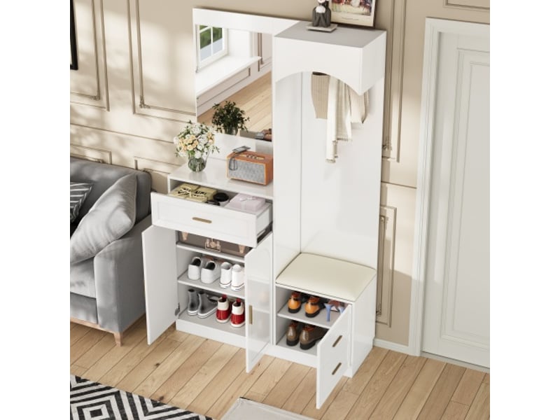  Garde-robe moderne et compacte: armoire et meuble à chaussures avec miroir, rangement d'entrée multifonction  - Conforama D