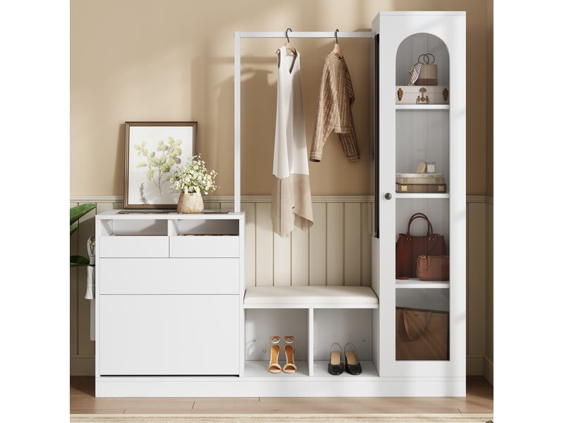  Ensemble d'entrée 163x35x161 cm, led, vitrine, meuble à chaussures et miroir, meuble bureau et salon, aggloméré, blanc  - Conforama D