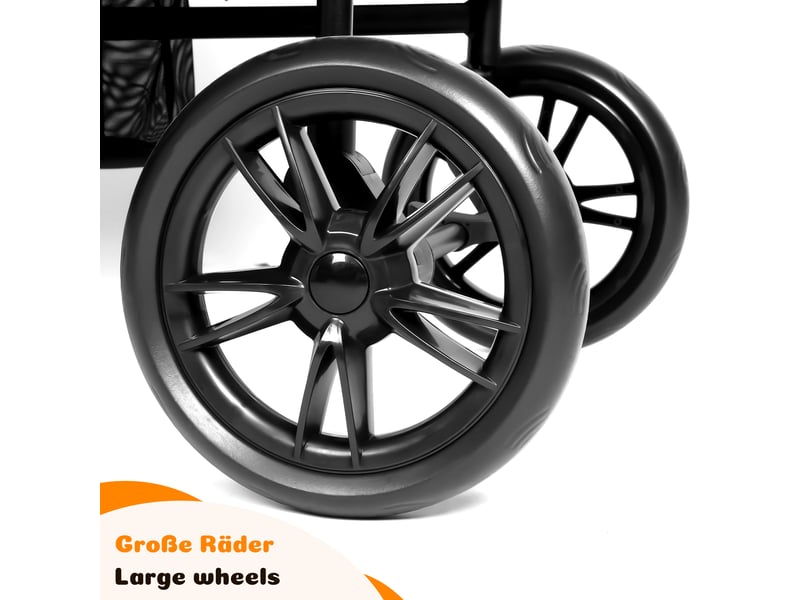 Chariot enfant pliable gris foncé 2 places avec siège convertible en lit, toit pare-soleil, plateau, harnais 5 points et freins - Conforama E