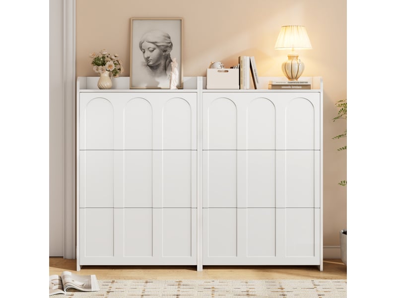Meuble à chaussures avec 6 portes abattantes et 12 compartiments pour entrée en mdf blanc 140 × 25 × 120 cm - Conforama C