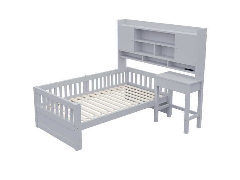 Lit multifonction en bois pour enfant 90 x 200 cm – avec étagères - bureau+1 tiroir - éclairage led +prise électrique – gris (matelas non inclus)  - Conforama R