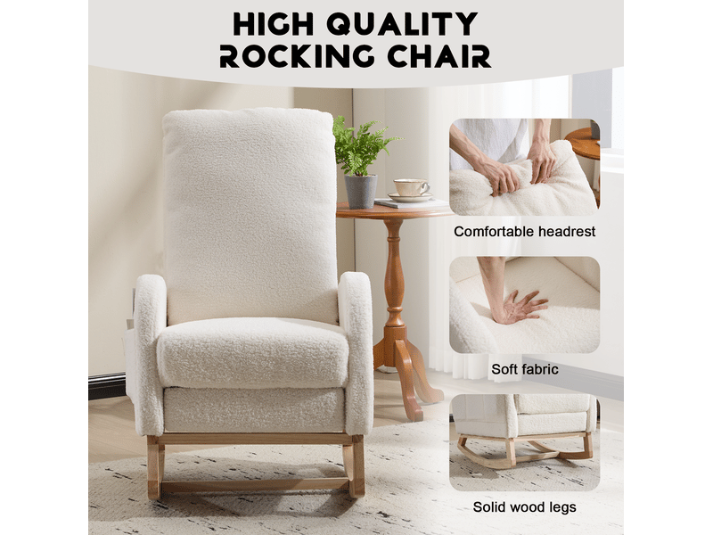  Fauteuil à bascule adulte 75x63x104 cm – blanc – repose-pieds, poche latérale et dossier haut ergonomique  - Conforama D
