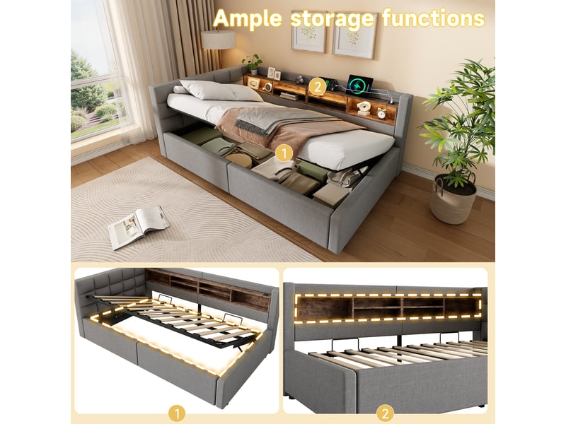  Lit banquette coffre 90x200 cm,ouverture hydraulique,led multicolore dimmable,étagères,port usb,tête réversible,gris  - Conforama C