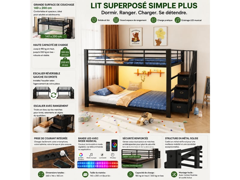  Lit superposé adulte 140x200 cm avec escalier réversible et rangement, métal noir et mdf, bande led et ports usb  - Conforama D