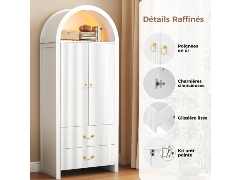Armoire haute arquée 76x38x180 cm blanc, niche led via application, 2 portes rainurées, 2 tiroirs, mdf et panneaux - Conforama E
