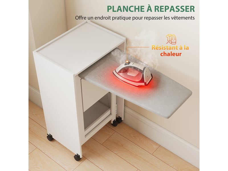  Meuble à repasser, table à repasser pliante sur roulettes avec portes par pression, blanc, charnières à fermeture douce  - Conforama R