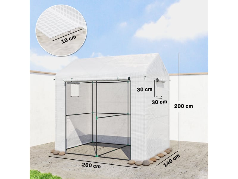  Serre de jardin pe, serre de balcon, bâche renforcée 135 gm², châssis en acier, porte zippée, 200 x 140 x 200 cm, blanc  - Conforama E