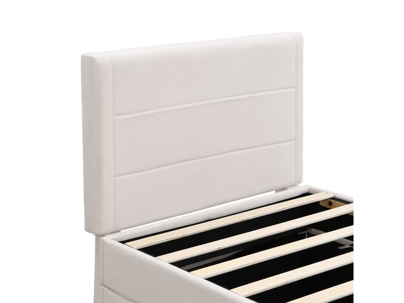 Lit coffre simple 90x200 cm avec rangements, lin et mdf, beige, sans matelas - Conforama E