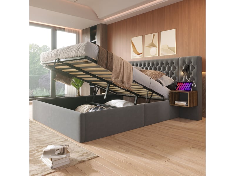  Lit avec rangement hydraulique en velours gris 160 x 200 cm  - Conforama B