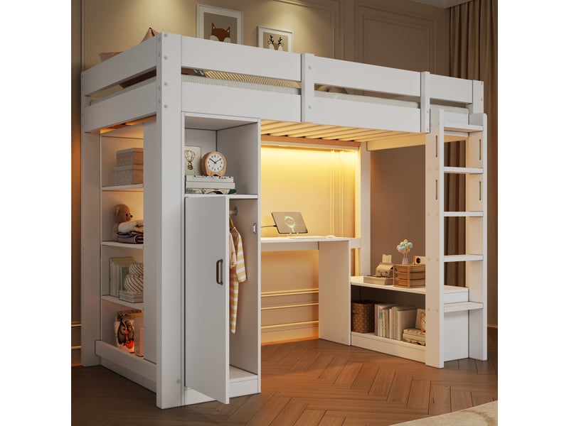  Lit mezzanine 90x200 avec armoire étagères bureau sous le lit éclairage led usb blanc  - Conforama B