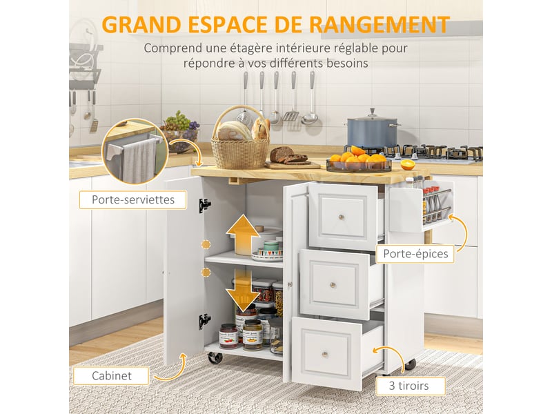  Desserte îlot de cuisine multi rangements 111.5 x 75 x 89 cm sur roulettes gain de place cosy chic en mdf blanc 21_0001011  - Conforama D