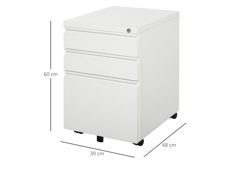  Caisson de classement mobile à 3 tiroirs, verrouillable, avec poignée concave, pour bureau ou bureau à domicile, 39 x 48 x 60 cm, blanc  - Conforama D