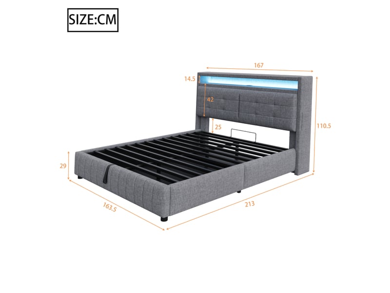 Lit capitonné 160*200 cm gris en lin avec led, usb, coffre hydraulique, tête à étagères et cadre métal stable - Conforama B