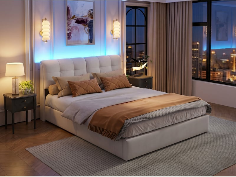 Lit coffre 140x190 cm, adulte noir avec tête de lit capitonnée – grand rangement sous le lit-sommier à lattes en bois - Conforama D