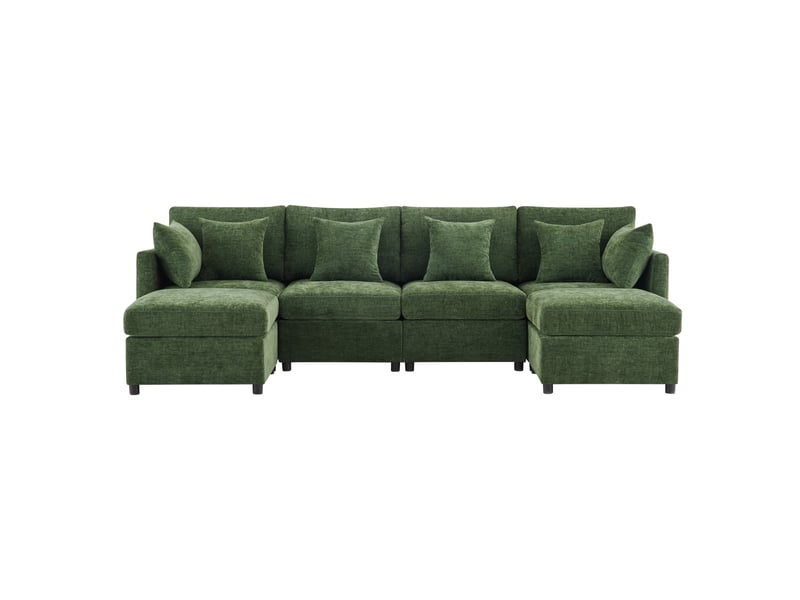  Canapé modulable ul 278x161x81 cm en chenille vert 2 poufs 6 coussins, assise profonde convertible salon appartement chic design  - Conforama A