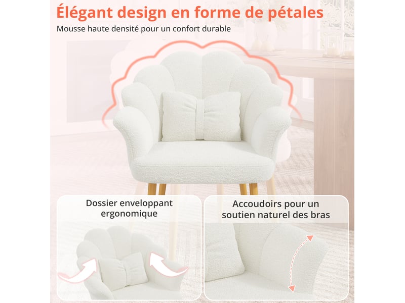  Lot de 6 fauteuils de salle à manger 64x65,5x85 cm, dossier pétale, accoudoirs, tissu bouclette, blanc  - Conforama E