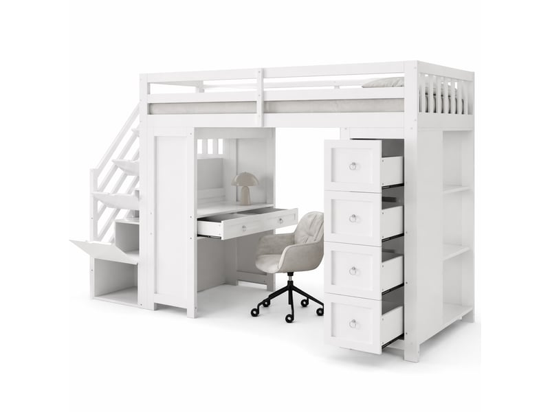 Lit mezzanine enfant multifonctionnel avec bureau intégré et rangements, blanc, 90 x 200 cm - Conforama A