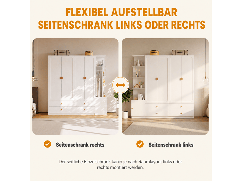 Armoire spacieuse avec 3 tringles, 4 tiroirs et rangement latéral modulable pour chambre, blanc, 225 × 45 × 200 cm - Conforama E
