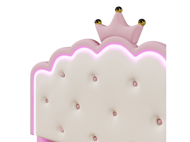  Lit enfant 140x200cm,lit coffre pour filles en pu avec lumière led,en forme de couronne,rose lit enfant rose - Conforama E