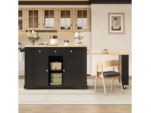 Desserte de cuisine avec table extensible, 2 portes, 2 tiroirs, étagères et prises noire et naturelle 138 × 55 × 93 cm