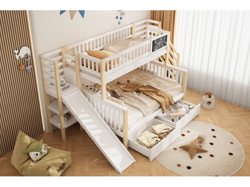  Lit superposé enfant avec toboggan et tableau noir 140x200 cm et 90x200 cm blanc bois massif de pin avec escalier et rangements Sol Morn - Conforama D
