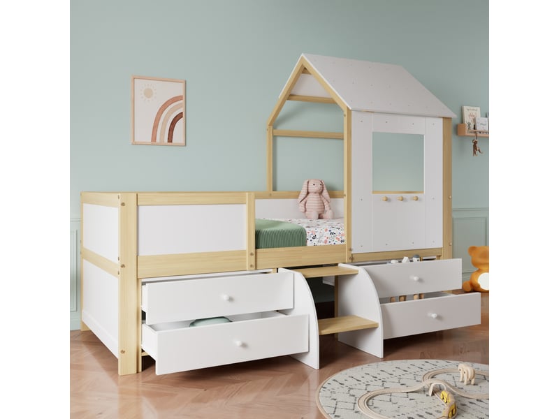  Lit cabane enfant mi-hauteur 200×90 cm avec toit, fenêtre, 4 tiroirs et escalier, sans matelas, blanc et naturel  - Conforama C