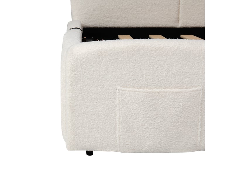  Lit coffre 200×90 cm en bouclé, lit simple avec rangement hydraulique, usb-a, usb-c et poches, sans matelas, beige  - Conforama E