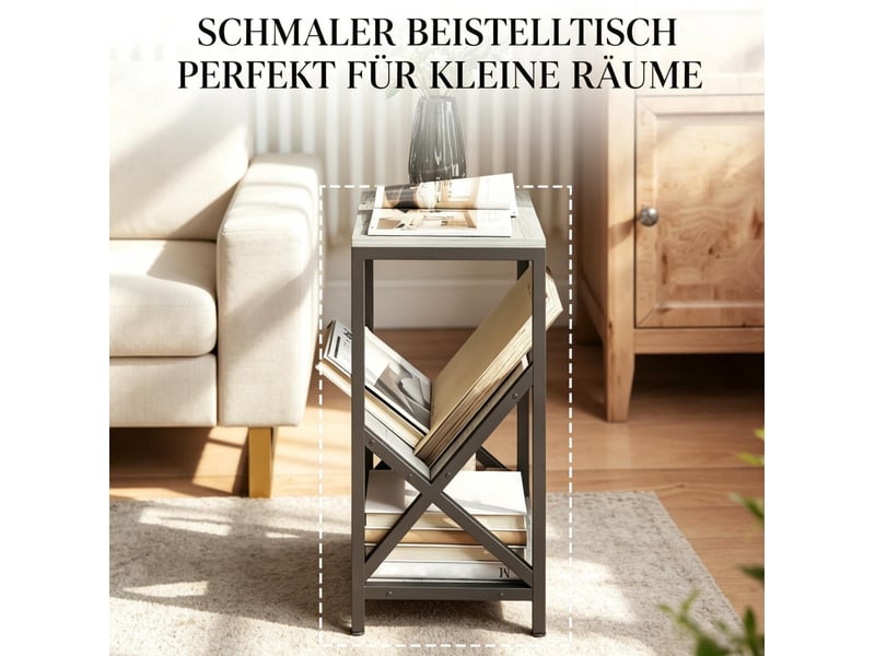  Table d'appoint étroite 40x30x61 cm – gris foncé – 3 niveaux de rangement avec porte-revues en v  - Conforama E