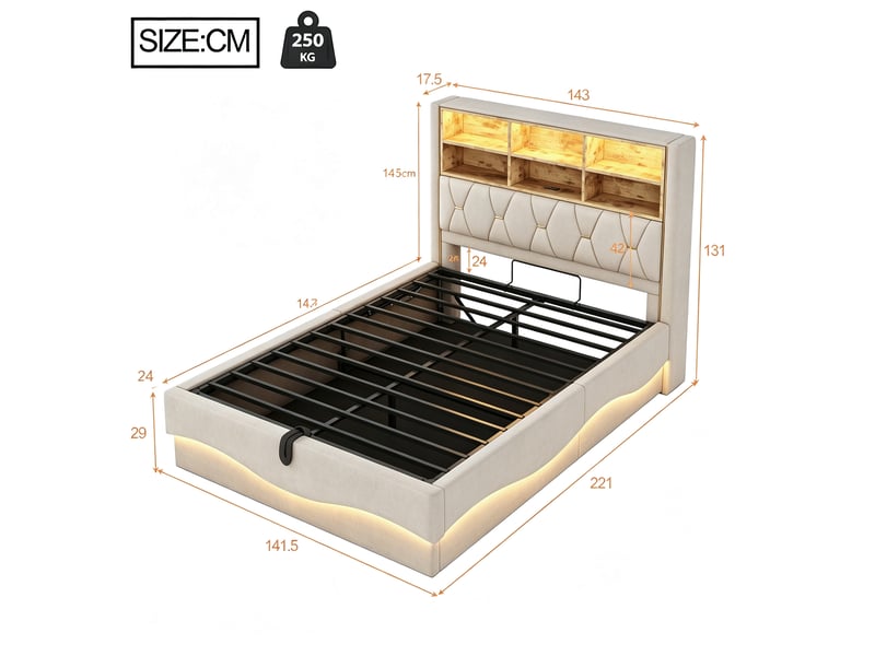  Lit capitonné 140×200 cm, coffre relevable hydraulique, bandeau led contrôlable, port usb, métal et lin beige  - Conforama B