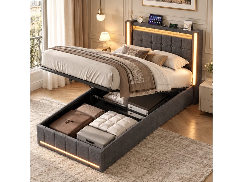  Lit coffre 90x200 cm avec led,usb et hydraulique, lit simple en lin gris, grand rangement, tête de lit capitonnée  - Conforama B