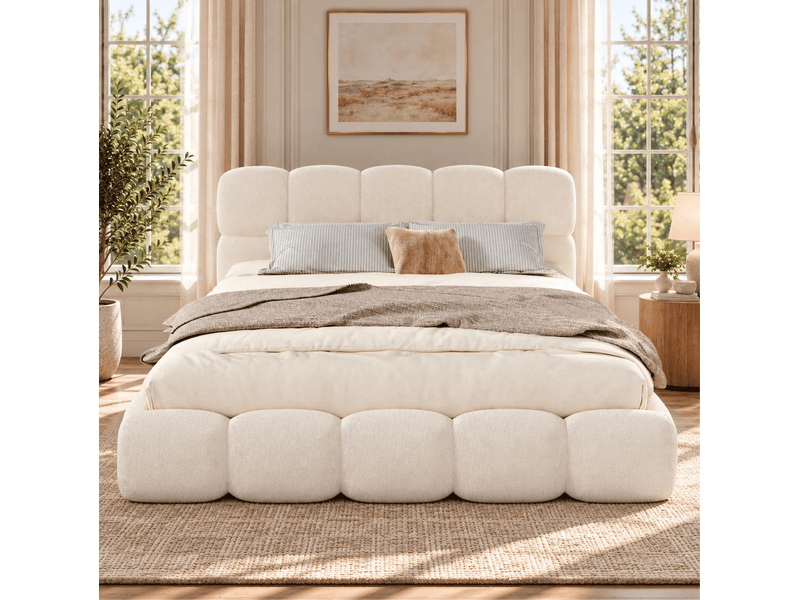 Lit coffre double 200x200 cm, lit capitonné en tissu bouclé blanc, sans matelas - Conforama B