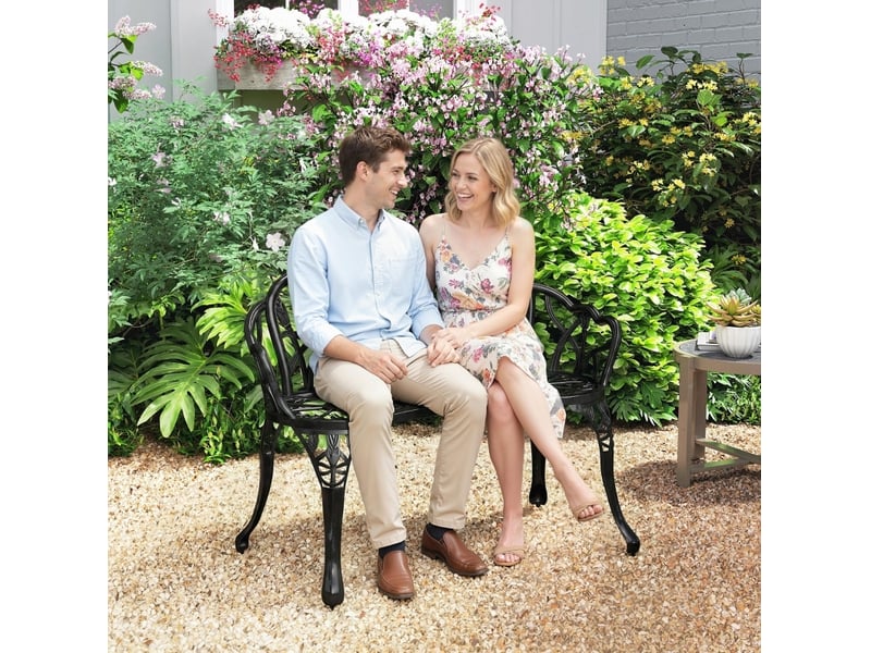 Banc de jardin 2 places 99x57x78 cm – noir – aluminium moulé, dossier tulipes et pieds réglables - Conforama B