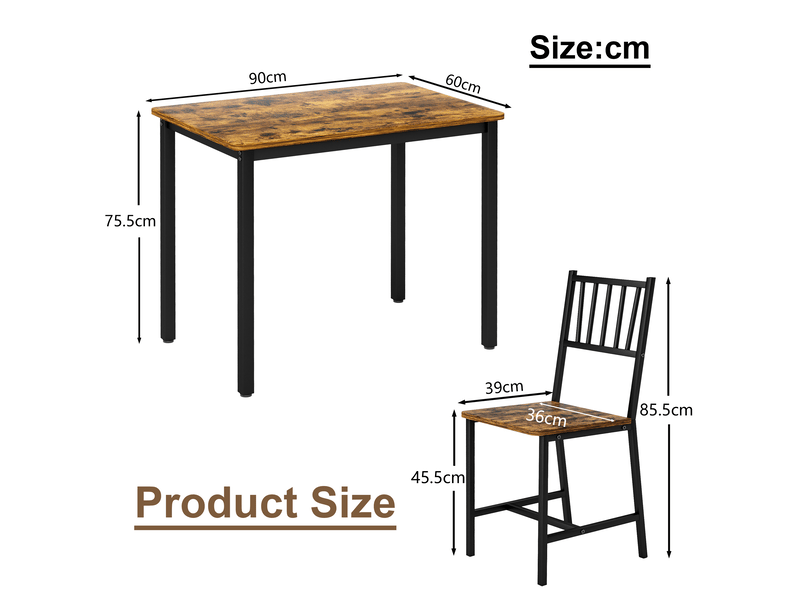  Ensemble repas industriel 3 pièces, table compacte pour petite cuisine avec 2 chaises, plateau marron rustique et cadre noir  - Conforama D