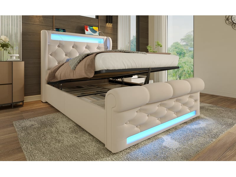  Lit coffre 90x200 cm avec rangement et ports usb type-c - led intégrée - velours beige - matelas inclus  - Conforama B