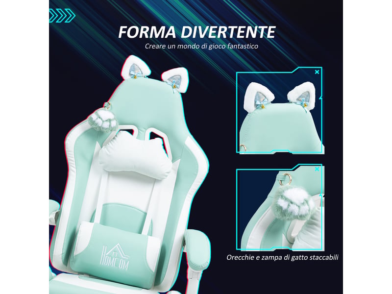  Fauteuil de jeu inclinable avec repose-pieds et coussins, similicuir et mousse, 65 x 62 x 116-124 cm, blanc et bleu  - Conforama E