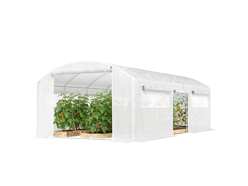  Serre tunnel de 6 x 3 x 2 m avec 3 portes sectionnelles, 6 fenêtres grillagées et structure en acier galvanisé blanc  - Conforama B