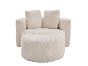 Fauteuil en mousse beige avec repose-pieds, tissu doux et design moderne pour un coin détente confortable