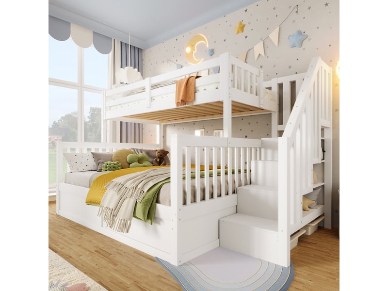 Lit superposé 90x200 et 140x200 cm avec coffre hydraulique et escalier de rangement, en pin et mdf, blanc et naturel - Conforama B