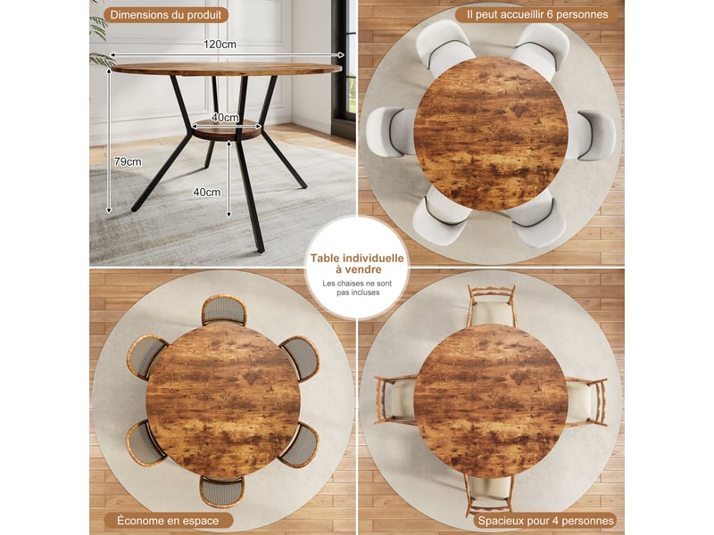  Table à manger ronde pour 6 personnes, table de cuisine style industriel avec plateau aspect bois et pied en métal 120 cm  - Conforama E