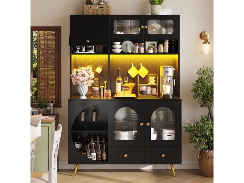 Buffet moderne noir led avec colonne cuisine usb et prises, armoire perforée, tiroir et étagères en verre - Conforama B