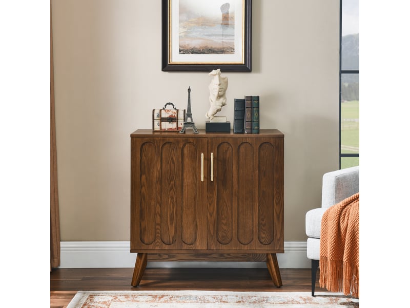  Buffet en mdf et bois massif style mid-century avec façades rainurées, étagères réglables et prise intégrée 4071298405385 - Conforama B