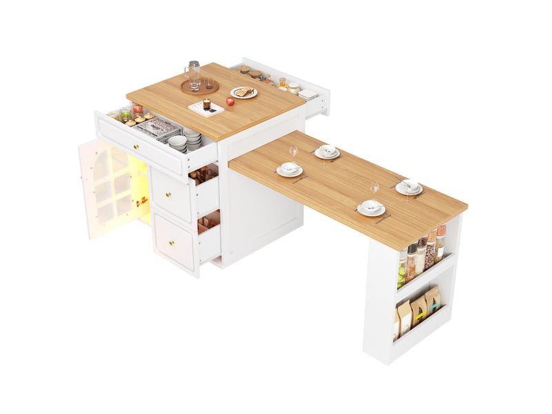  Îlot de cuisine extensible 195,5x59x93,5 cm avec tiroirs, bande led rgb, mdf, blanc  - Conforama D