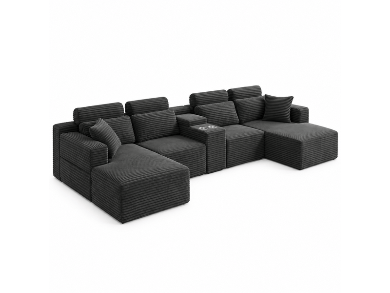 Canapé d’angle en u 6 places 372 x 151 x 80 cm, grand format modulable à assise moelleuse et porte-gobelets, mousse et velours côtelé, gris foncé OMNIGLINT TRADING LTD - Conforama A
