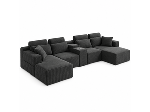 Canapé d’angle en u 6 places 372 x 151 x 80 cm, grand format modulable à assise moelleuse et porte-gobelets, mousse et velours côtelé, gris foncé