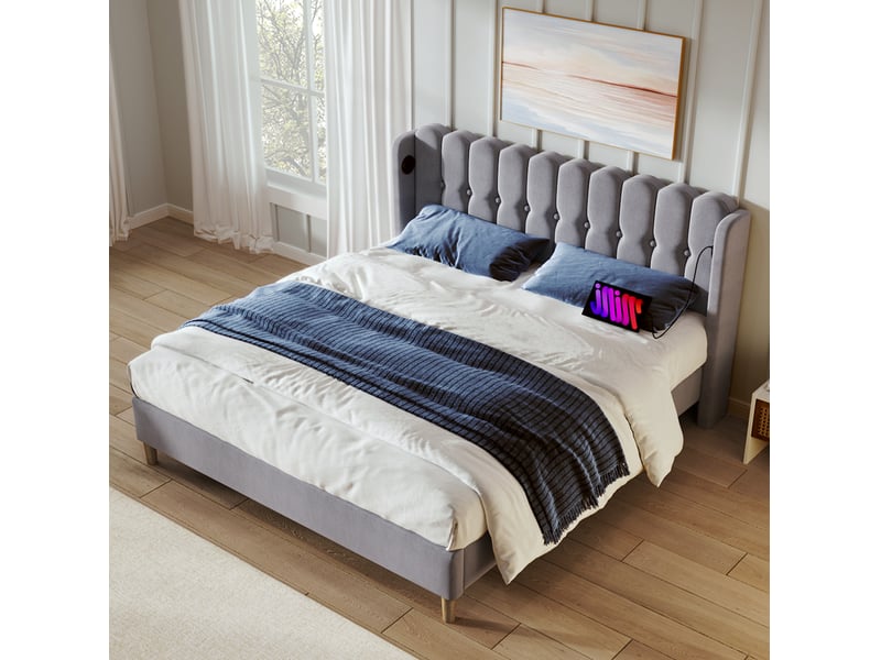  Modenvie lit double rembourré 160x200 cm - avec ports usb et usb-c, sommier et matelas inclus - gris  - Conforama D