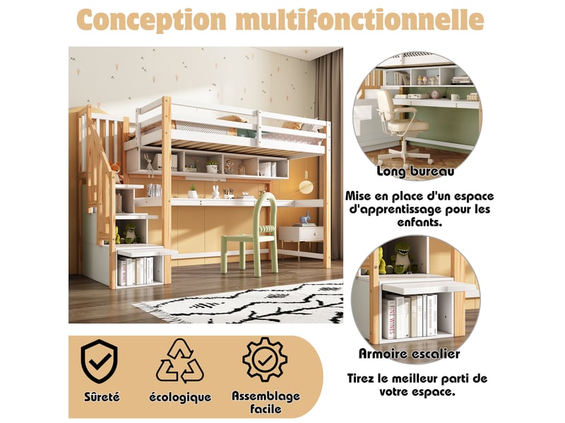  Lit mezzanine enfant 90x200 cm – blanc et chêne – escalier de rangement, bureau et étagères – sans matelas  - Conforama E